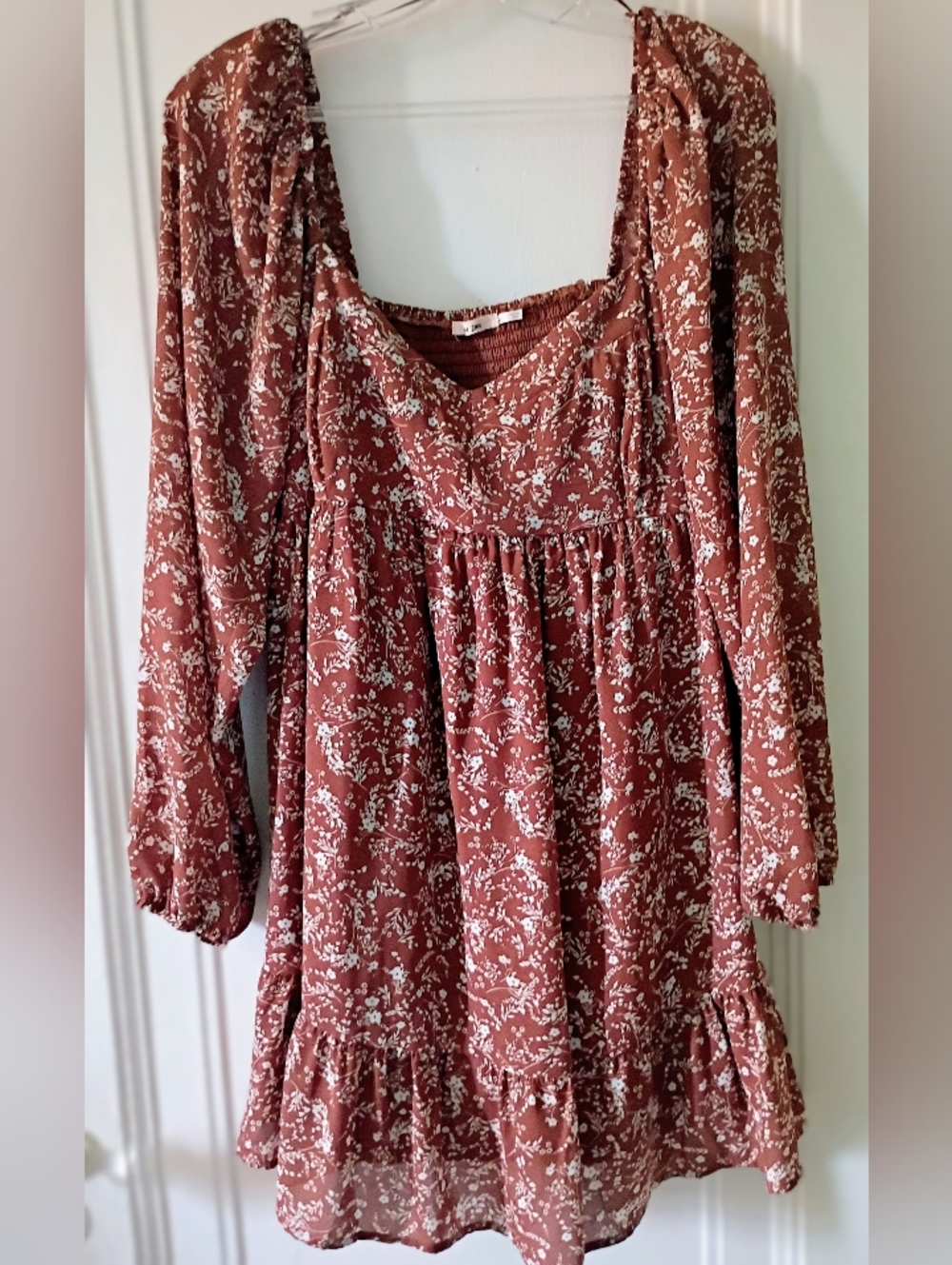 Floral Rust Long-Sleeve Smocked Yoke Women's Top